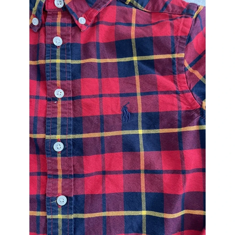 ralph lauren Red Yellow Navy Plaid Button Down Shirt Boys kids size small Preppy